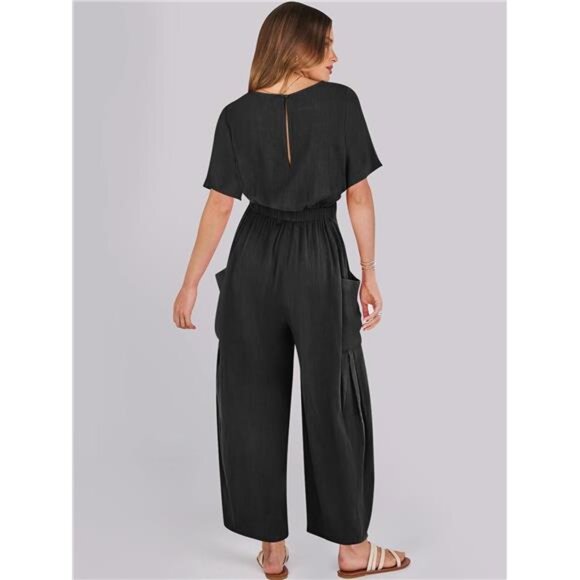 Women's Linen Jumpsuit –  Casual Loose Fit, Short Sleeve, Wide  Leg One-Piece - Picture 6 of 7
